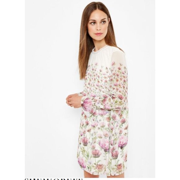 Ted Baker Womens Size 10 US Floral Long Sleeve Shift Dress Ruffle Neck - Picture 1 of 14